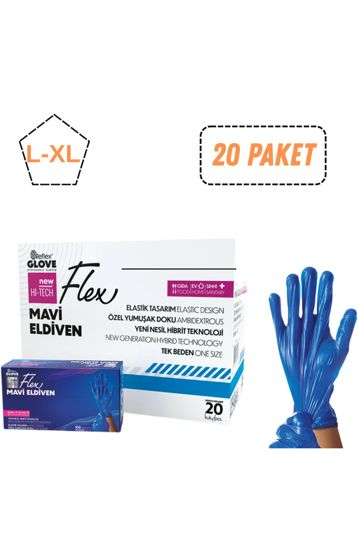 Reflex Flex Hi-Tech Pudrasız Mavi TPE Eldiven Large (L) / X-Large (XL) 100’lü Paket