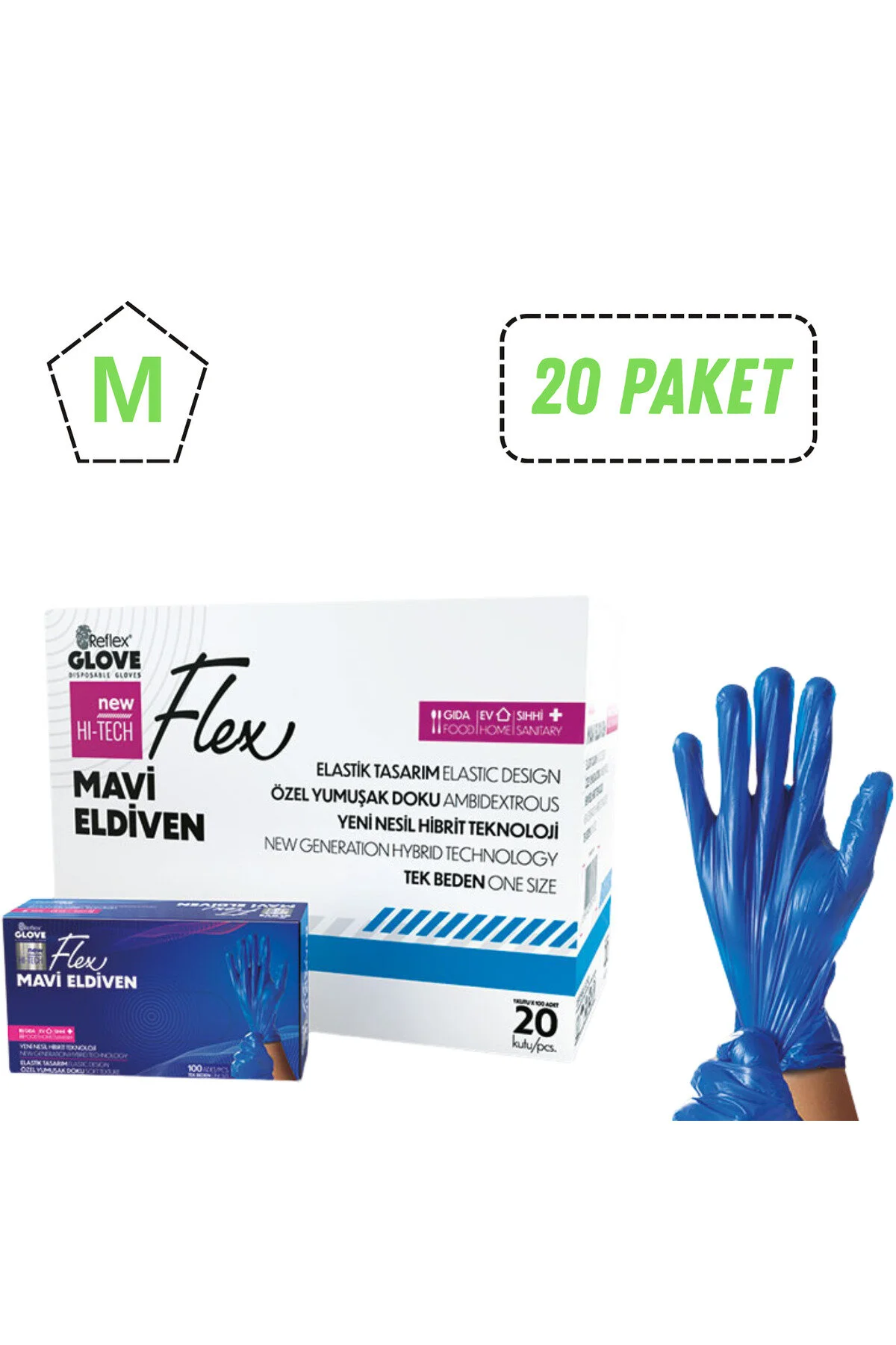 Reflex Flex Hi-Tech Pudrasız Mavi TPE Eldiven Medium (M) 100’lü Paket