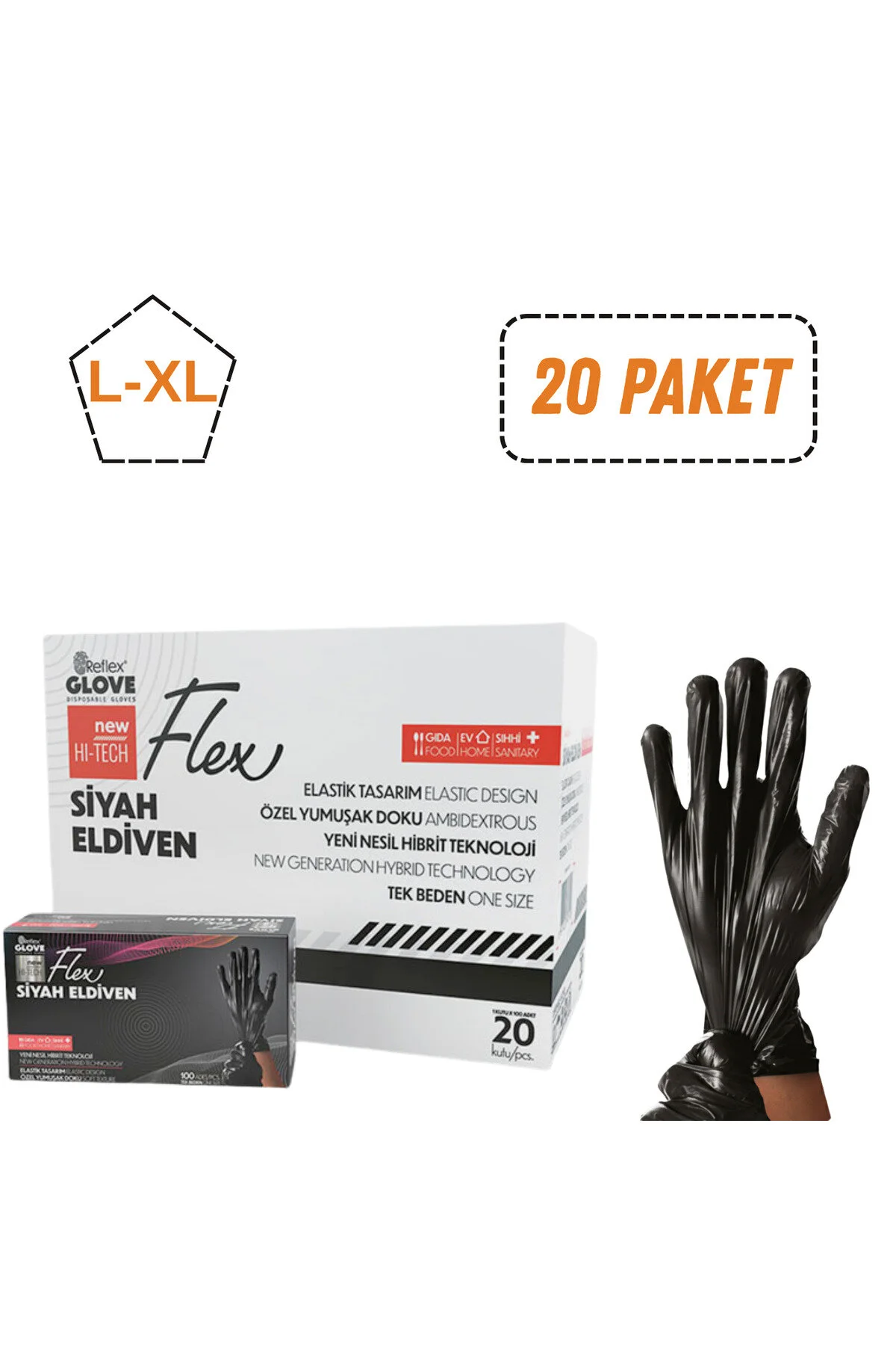 Reflex Flex Hi-Tech Pudrasız Siyah TPE Eldiven Large (L) / X-Large (XL) 100’lü Paket