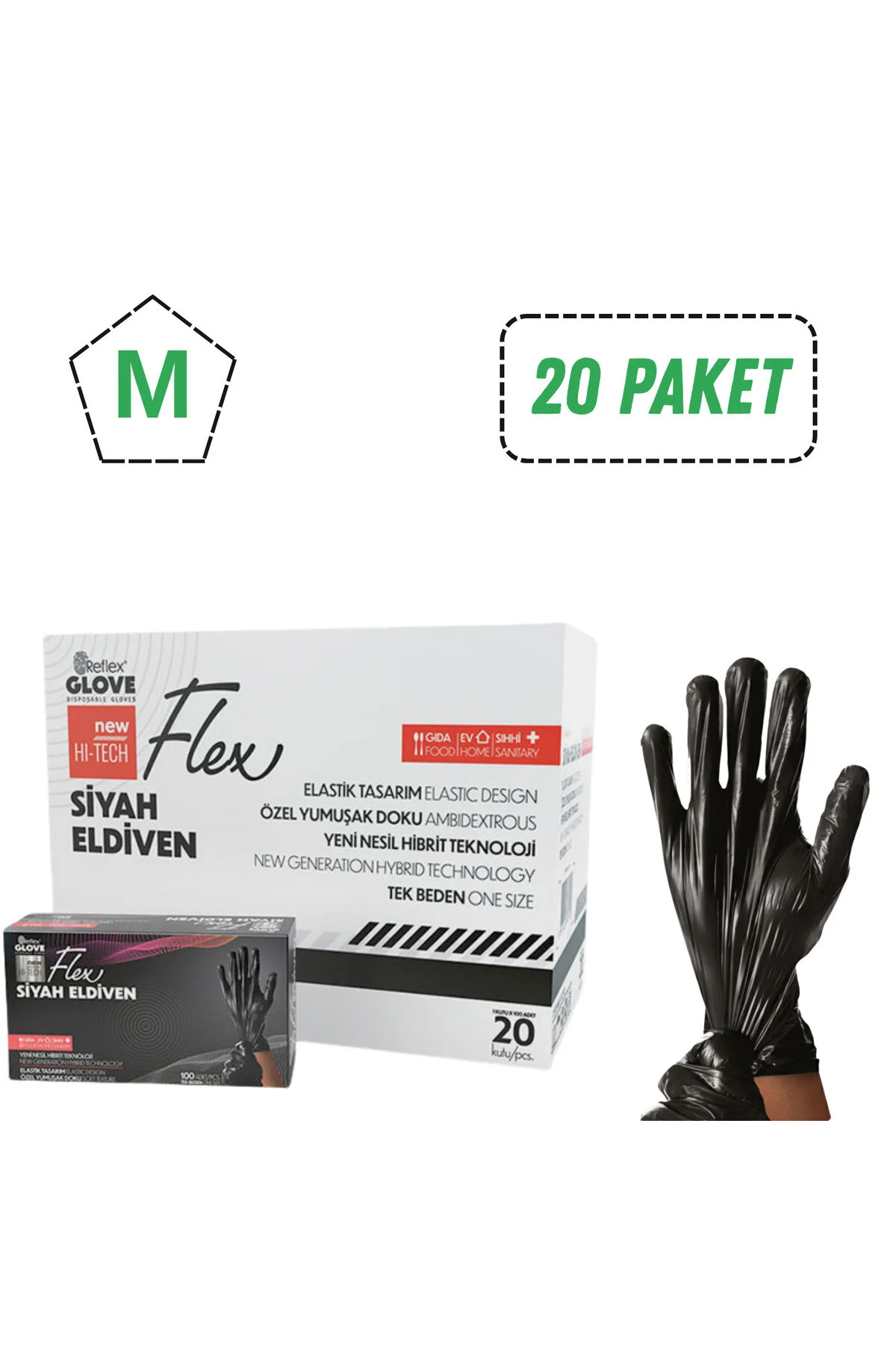 Reflex Flex Hi-Tech Pudrasız Siyah TPE Eldiven Medium (M) 100’lü Paket
