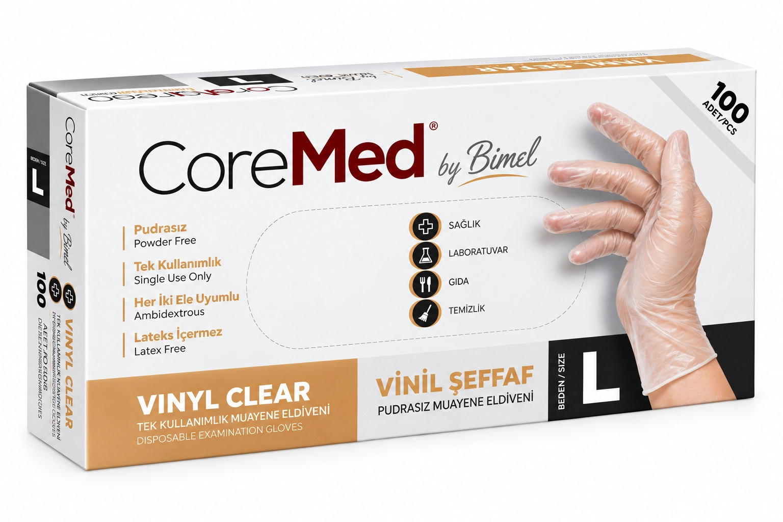 Bimel CoreMed Pudrasız Şeffaf Vinil Eldiven Large (L) 100’lü Paket