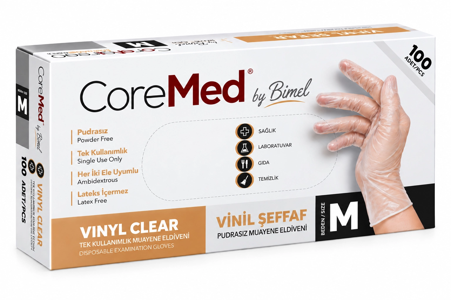 Bimel CoreMed Pudrasız Şeffaf Vinil Eldiven Medium (M) 100’lü Paket