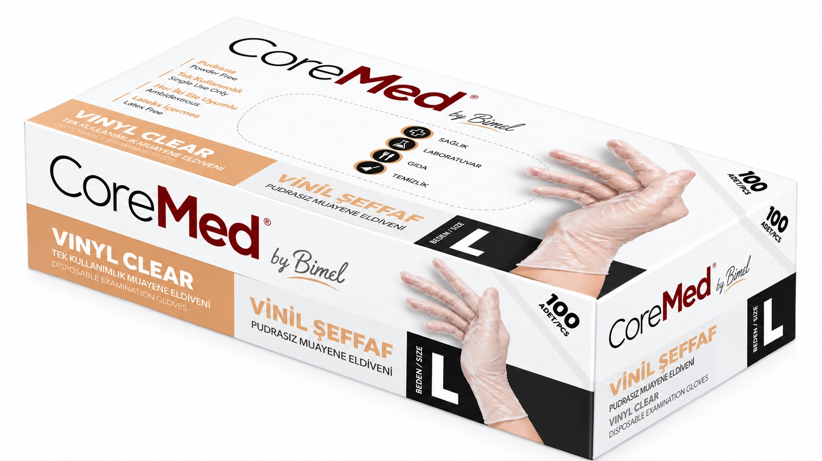 Bimel CoreMed Pudrasız Şeffaf Vinil Eldiven Large (L) 100’lü Paket