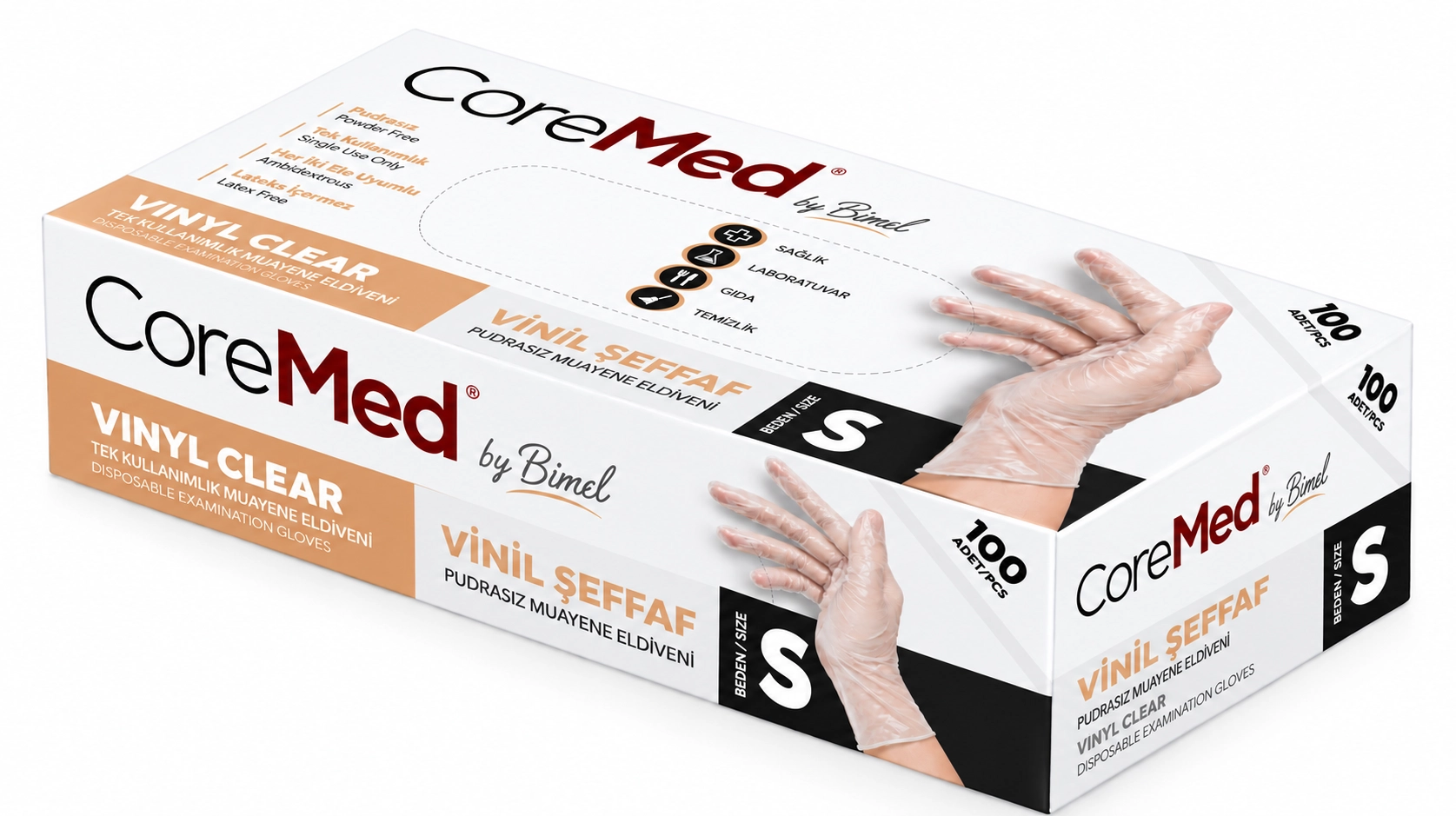 Bimel CoreMed Pudrasız Şeffaf Vinil Eldiven Small (S) 100’lü Paket