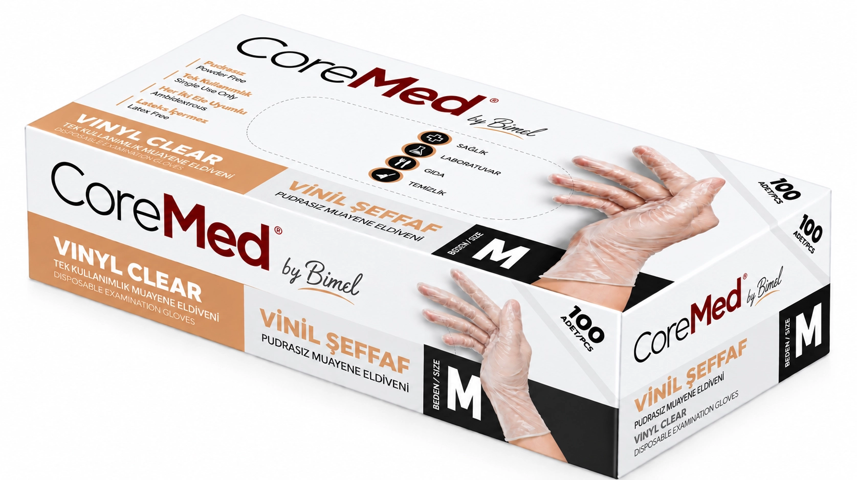 Bimel CoreMed Pudrasız Şeffaf Vinil Eldiven Medium (M) 100’lü Paket