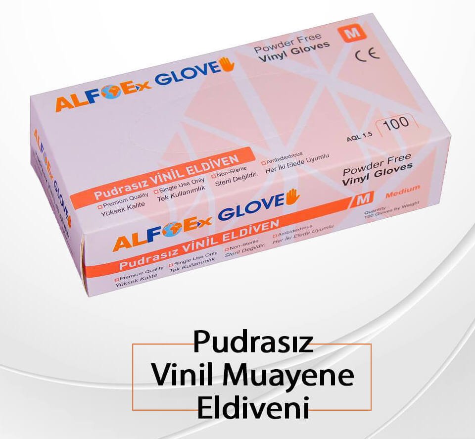 ALFOEx Şeffaf Pudrasız Vinil Muayene Eldiveni Medium (M) 100’lü Paket 