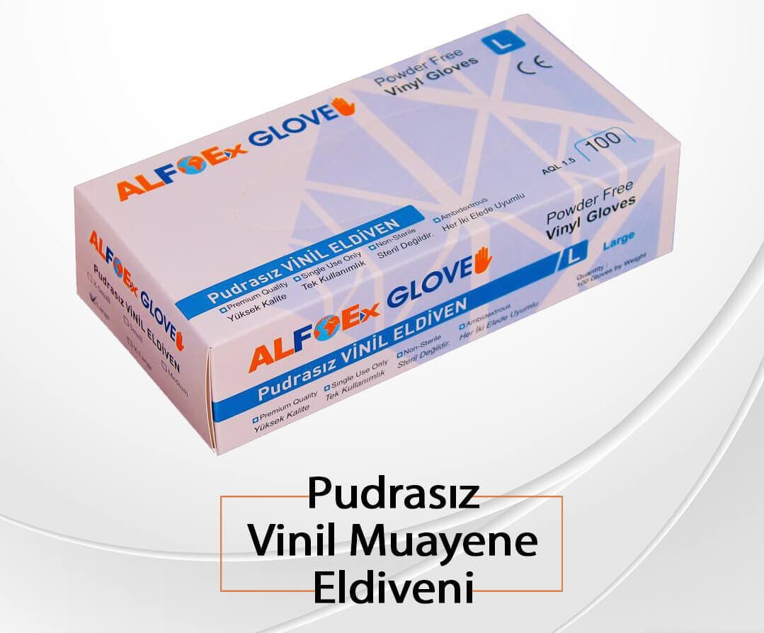 ALFOEx Şeffaf Pudrasız Vinil Muayene Eldiveni Medium (M) 100’lü Paket 