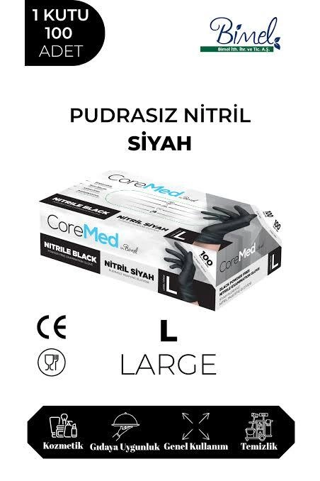 Bimel CoreMed Pudrasız Siyah Nitril Muayene Eldiveni Large (L) 100’lü Paket