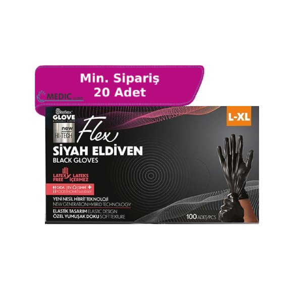 Reflex Flex Hi-Tech Pudrasız Siyah TPE Eldiven Large (L) / X-Large (XL) 100’lü Paket
