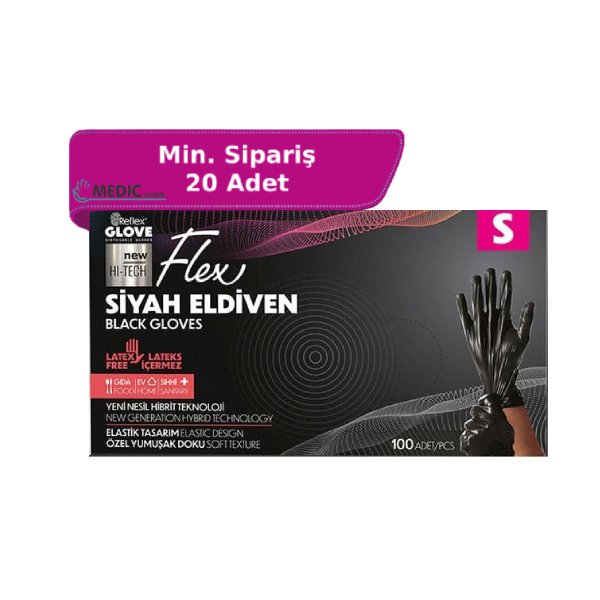 Reflex Flex Hi-Tech Pudrasız Siyah TPE Eldiven Small (S) 100’lü Paket