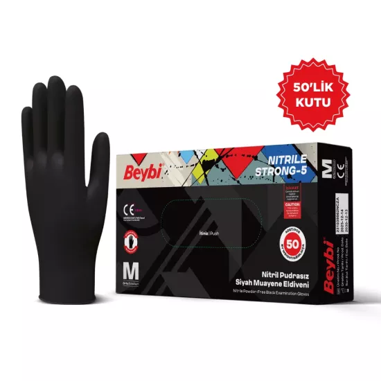 Beybi Strong-5 Siyah Nitril Eldiven Medium (M) 50’li Paket