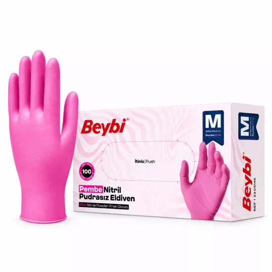 Beybi Pembe Nitril Muayene Eldiveni Medium (M) 100’lü Paket