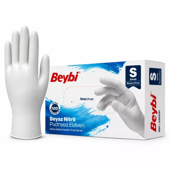 Beybi Beyaz Nitril Muayene Eldiveni Small (S) 100’lü Paket