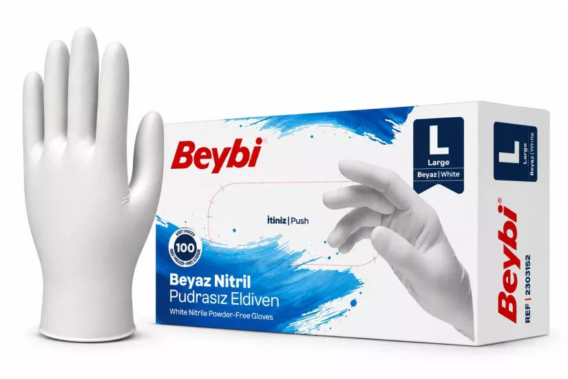 Beybi Beyaz Nitril Muayene Eldiveni Large (L) 100’lü Paket
