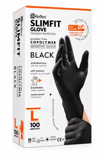 Reflex Slimfit Siyah Copolymer Eldiven Large (L) 100’lü Paket