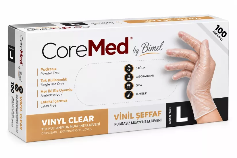 Bimel CoreMed Pudrasız Şeffaf Vinil Eldiven Large (L) 100’lü Paket