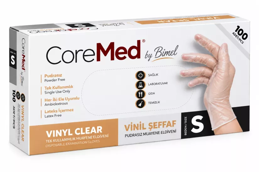Bimel CoreMed Pudrasız Şeffaf Vinil Eldiven Small (S) 100’lü Paket