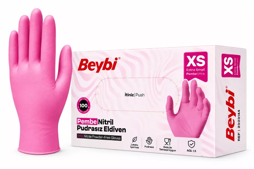 Beybi Pembe Nitril Muayene Eldiveni X-Small (XS) 100’lü Paket