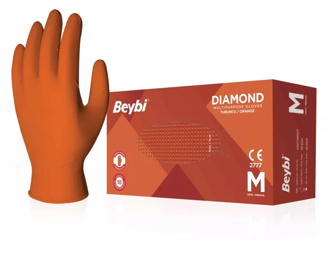 Beybi Diamond Turuncu Nitril Muayene Eldiveni Medium (M) 100’lü Paket