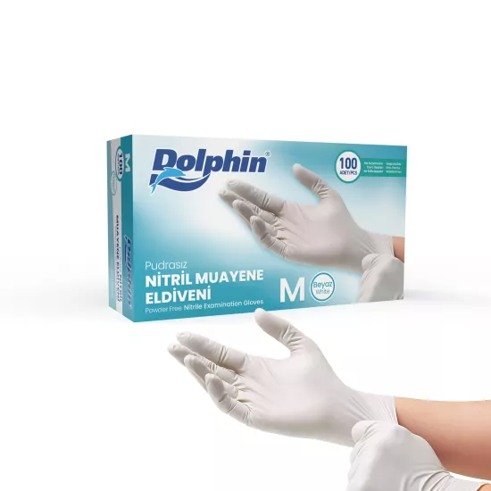 Dolphin Beyaz Nitril Muayene Eldiveni Medium (M) 100’lü Paket