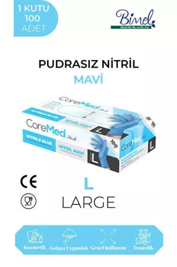 Bimel CoreMed Mavi Nitril Muayene Eldiveni Large (L) 100’lü Paket
