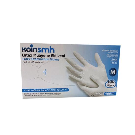 Koinsmh Pudralı Lateks Muayene Eldiveni Medium (M) 100’lü Paket
