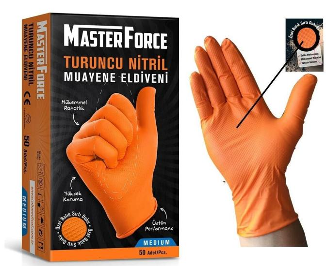MasterForce Turuncu Nitril İş Eldiveni X-Large (XL) 50’li Paket
