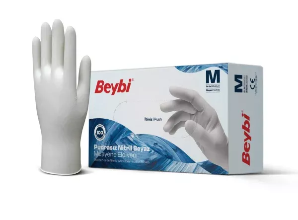 Beybi Beyaz Nitril Muayene Eldiveni Medium (M) 100’lü Paket